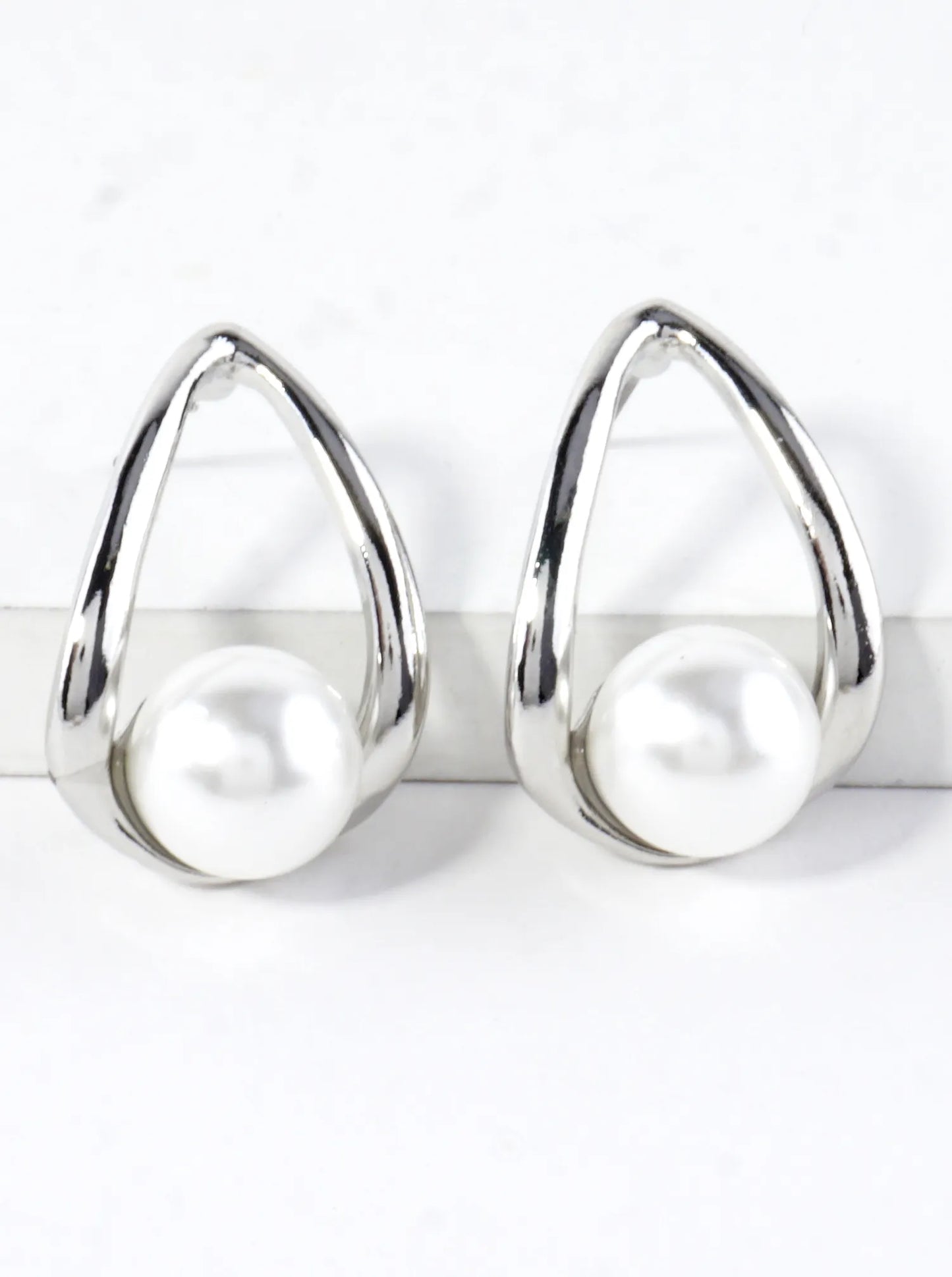 Teardrop Open Frame Stud Earrings Pearl Accent