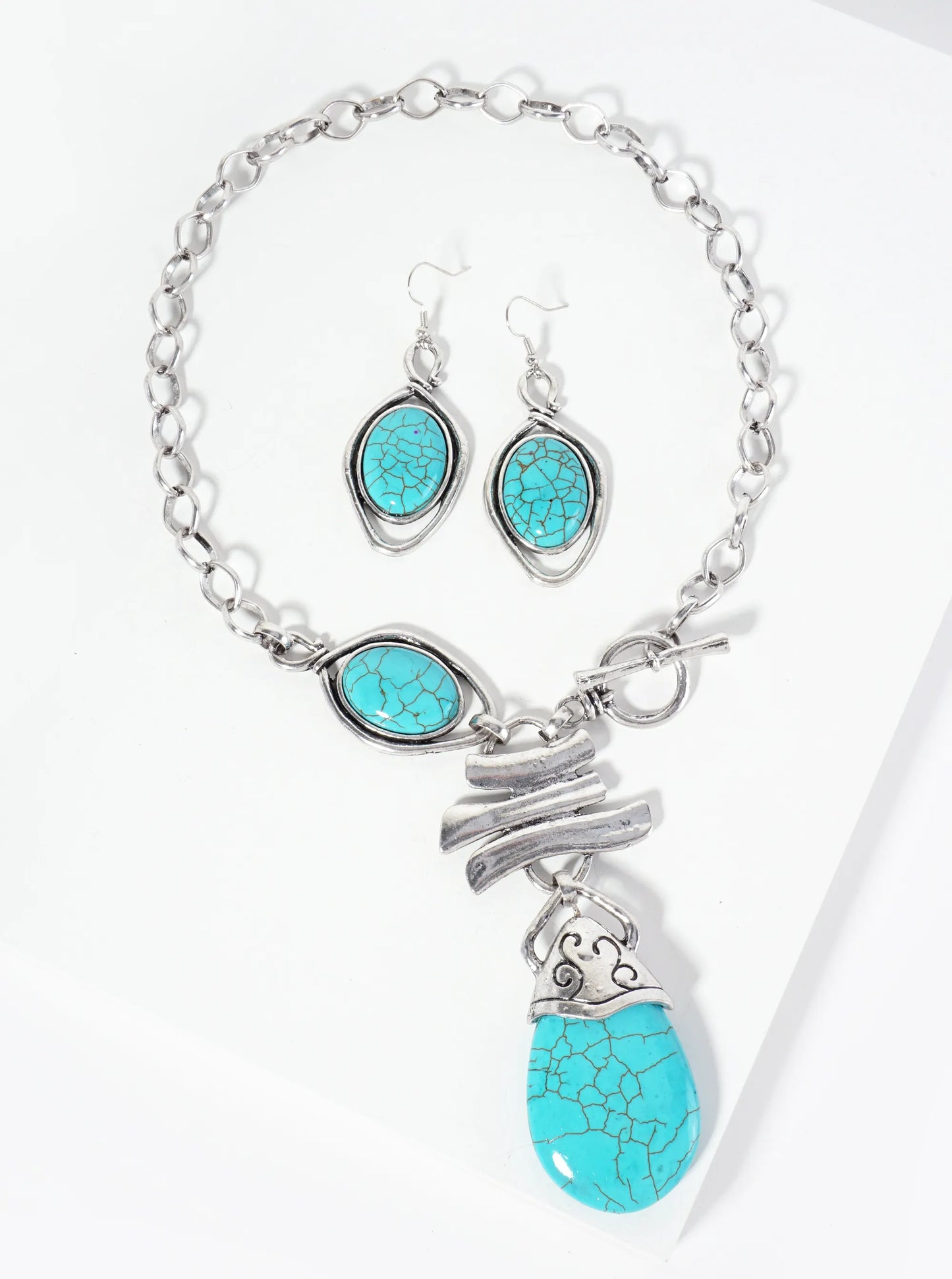 Teardrop-Shape Semi-Precious Pendant Bohemian Western Toggle-Closure Necklace Set-with-Earrings