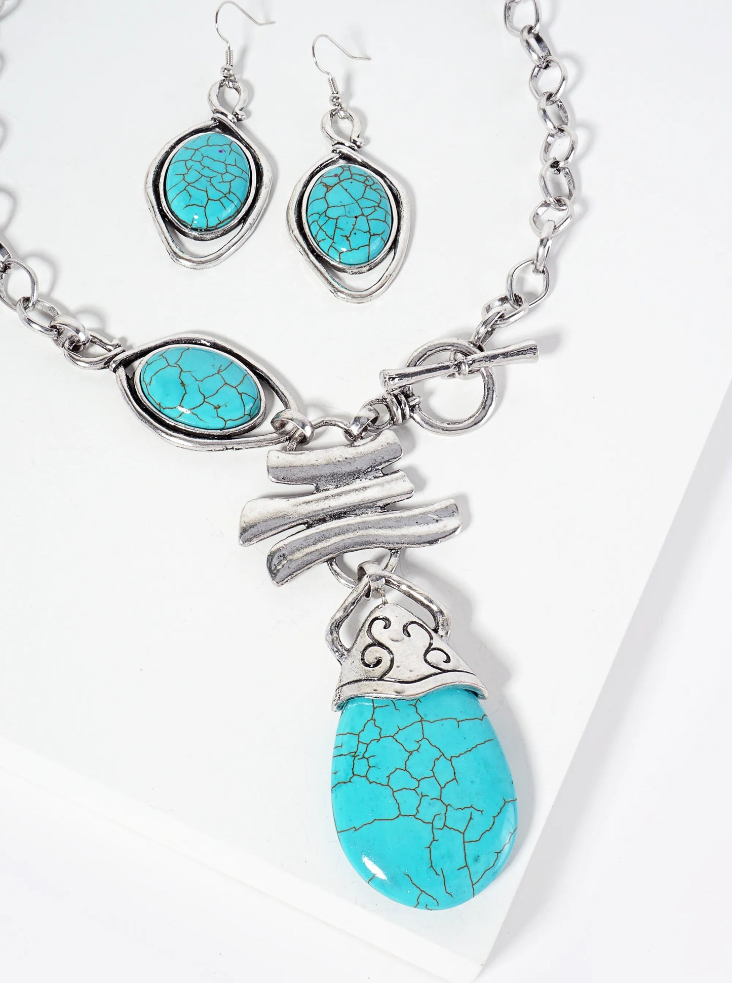 Teardrop-Shape Semi-Precious Pendant Bohemian Western Toggle-Closure Necklace Set-with-Earrings