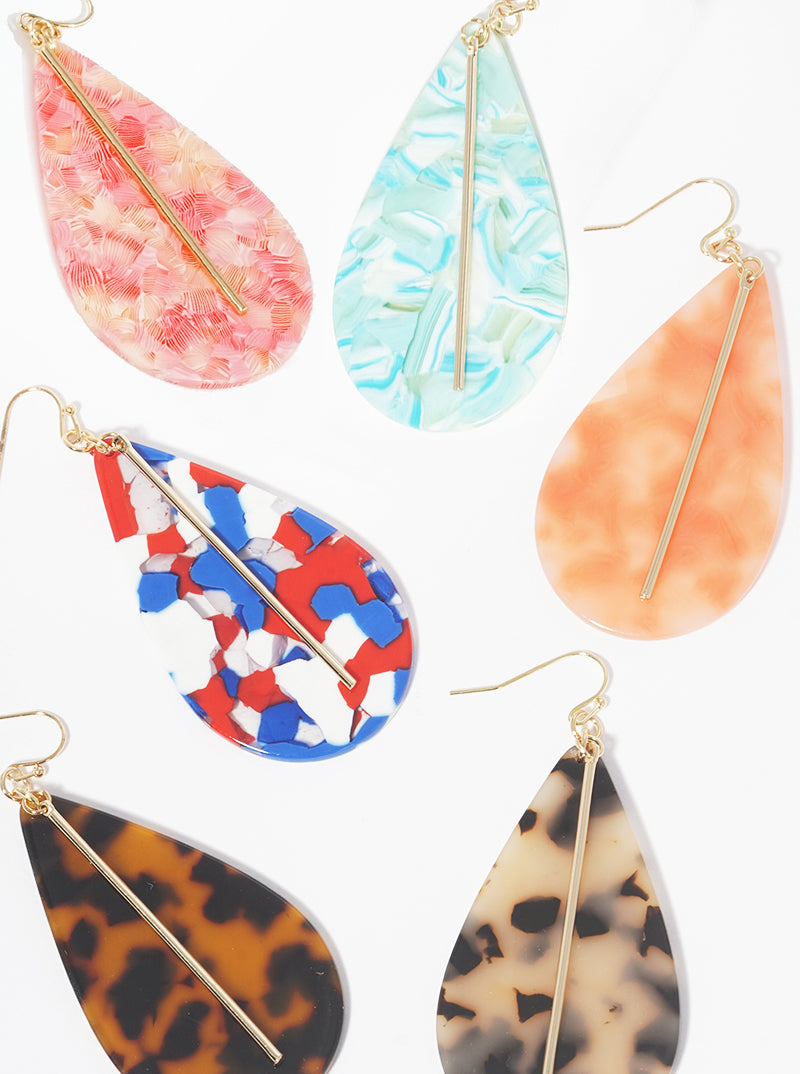 Teardrop Shaped Cellulose Acetate With Zinc Alloy Cast Bar Drop Earrings