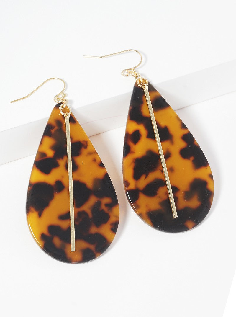 Teardrop Shaped Cellulose Acetate With Zinc Alloy Cast Bar Drop Earrings