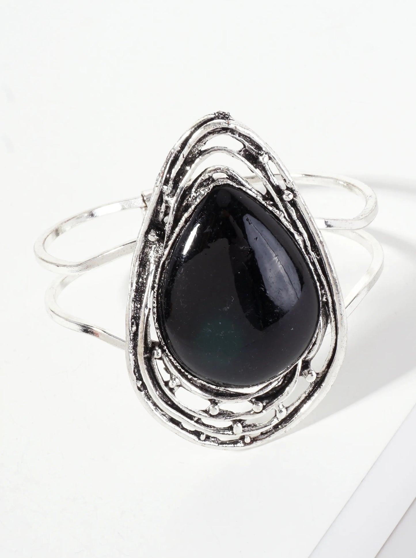 Teardrop-Shaped Semi-Precious Natural-Stone Artisan Hinged Bangle Bracelet