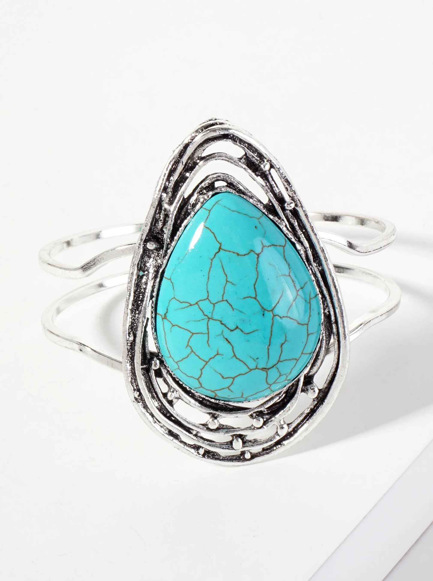 Teardrop-Shaped Semi-Precious Natural-Stone Artisan Hinged Bangle Bracelet