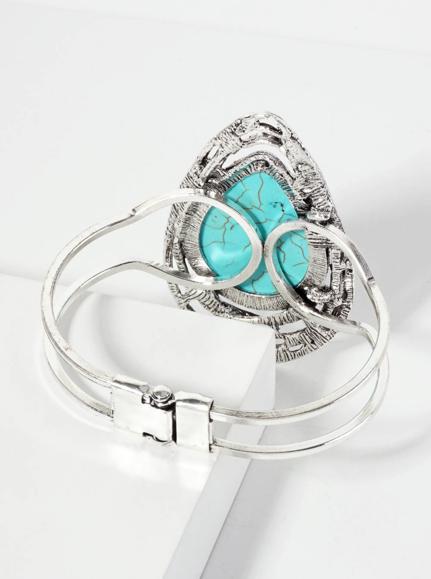 Teardrop-Shaped Semi-Precious Natural-Stone Artisan Hinged Bangle Bracelet