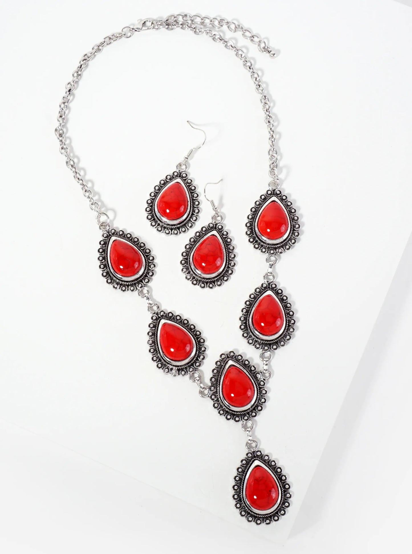 Teardrop-Shaped Semi-Precious Stone Bohemian Western Statement Necklace Set-with-Earrings