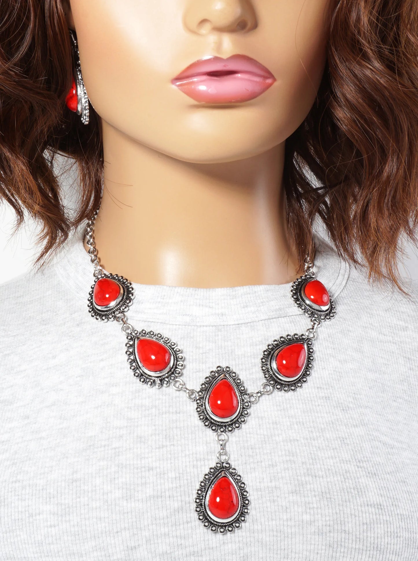 Teardrop-Shaped Semi-Precious Stone Bohemian Western Statement Necklace Set-with-Earrings