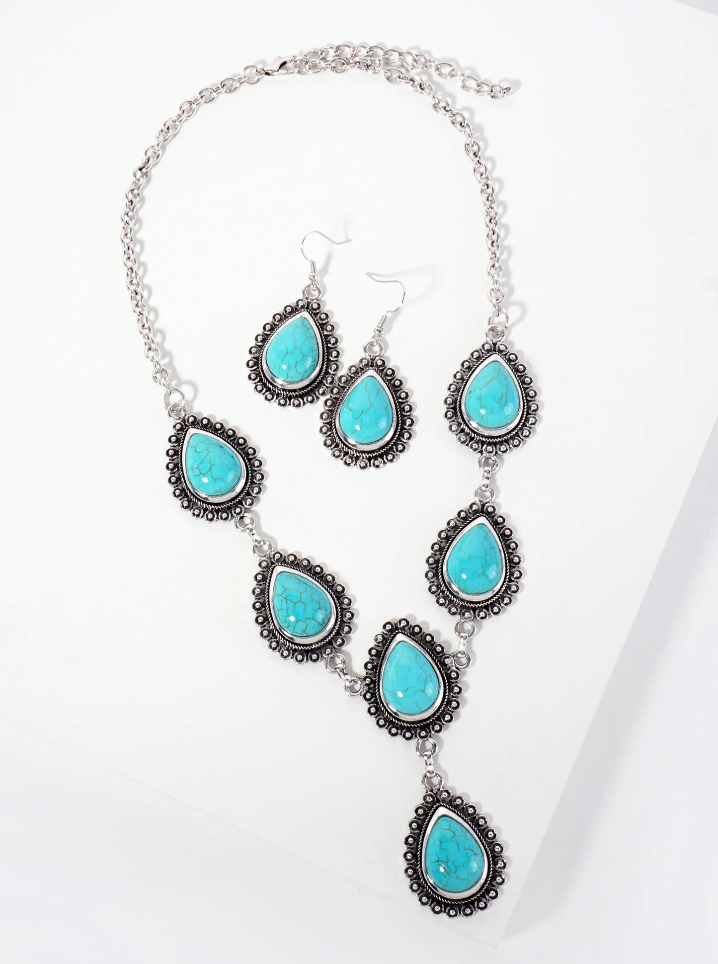 Teardrop-Shaped Semi-Precious Stone Bohemian Western Statement Necklace Set-with-Earrings