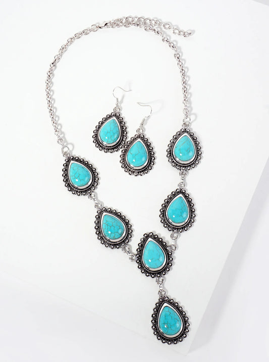Teardrop-Shaped Semi-Precious Stone Bohemian Western Statement Necklace Set-with-Earrings
