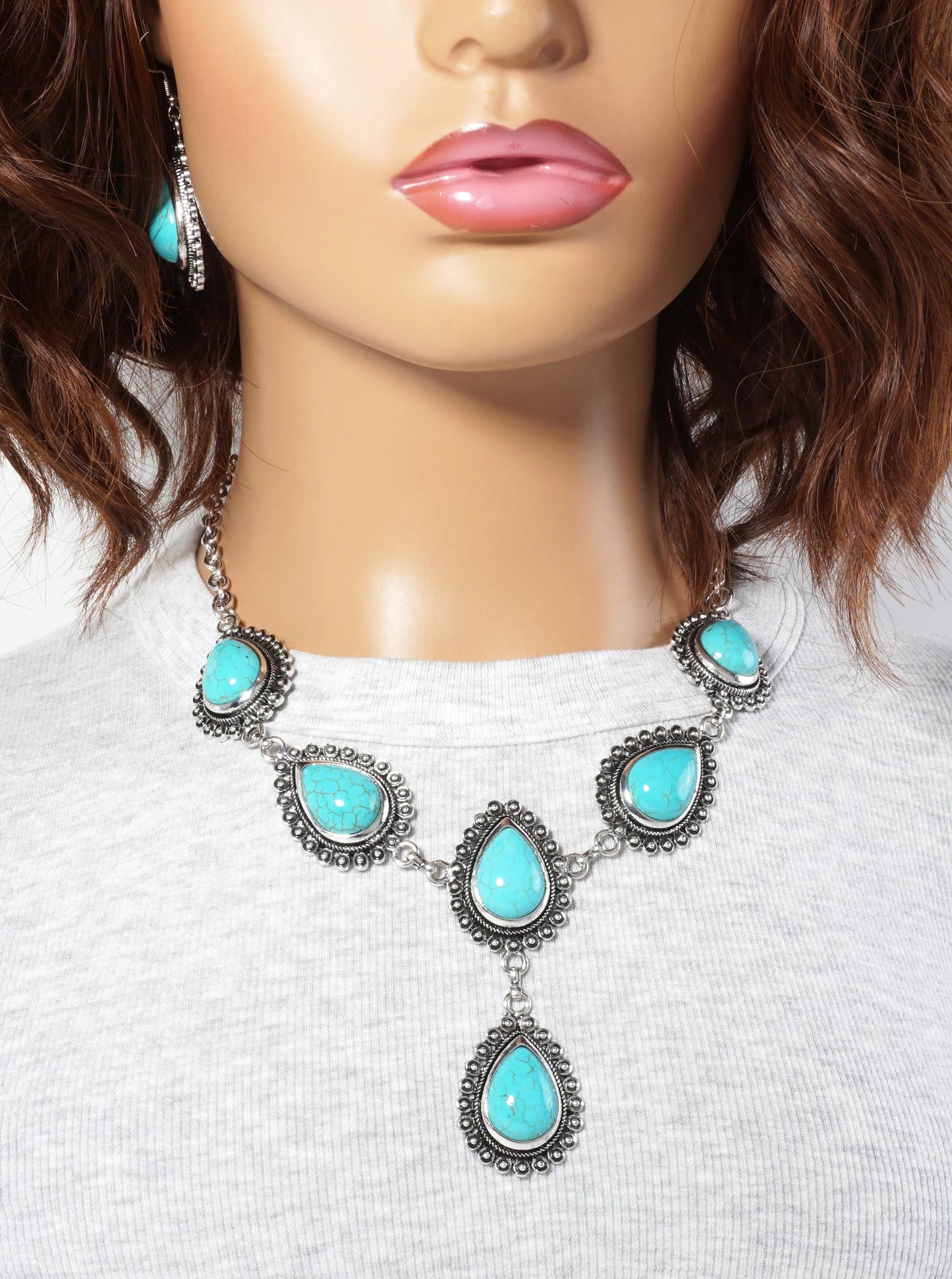 Teardrop-Shaped Semi-Precious Stone Bohemian Western Statement Necklace Set-with-Earrings