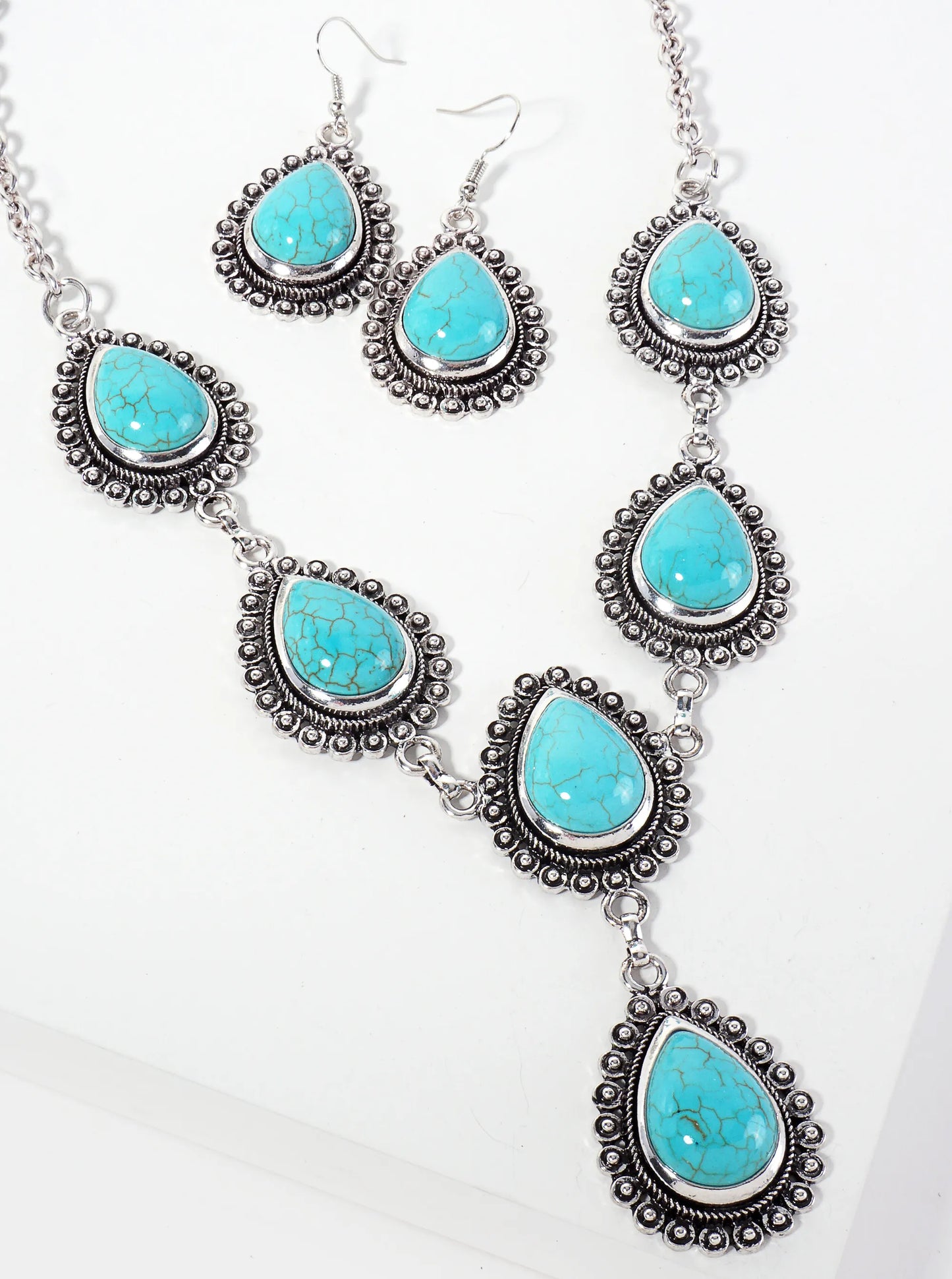 Teardrop-Shaped Semi-Precious Stone Bohemian Western Statement Necklace Set-with-Earrings