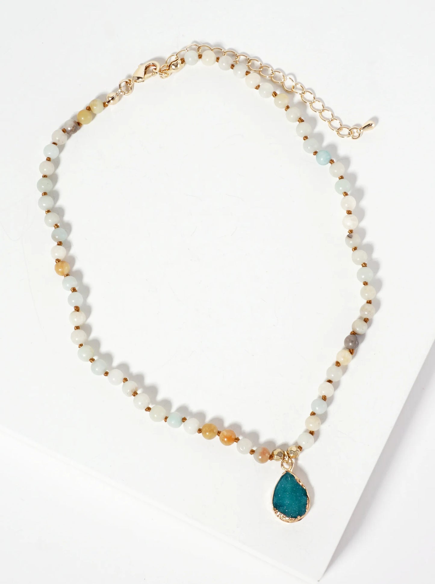 Teardrop-Shaped Simulated Druzy Pendant 4mm Semi-Precious-Natural-Stone Chain Necklace
