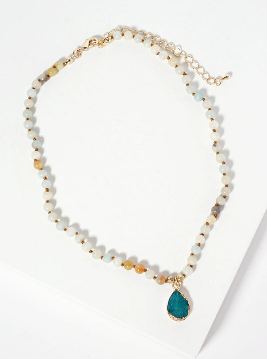 Teardrop-Shaped Simulated Druzy Pendant 4mm Semi-Precious-Natural-Stone Chain Necklace