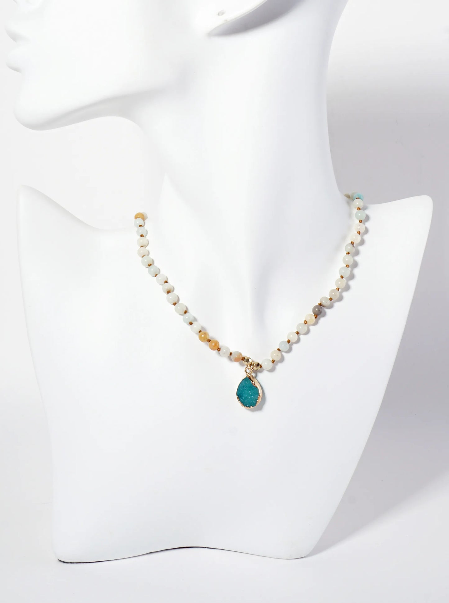 Teardrop-Shaped Simulated Druzy Pendant 4mm Semi-Precious-Natural-Stone Chain Necklace