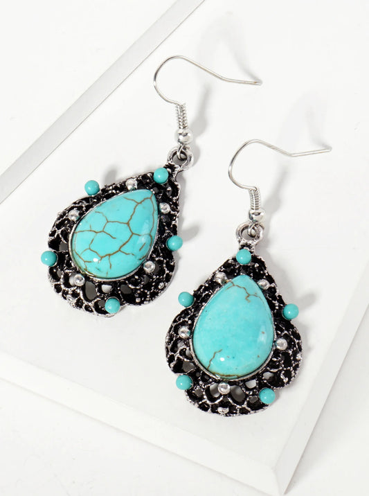 Teardrop-Shaped Turquoise Semi-Precious Natural-Stone Artistic Dangle Earrings