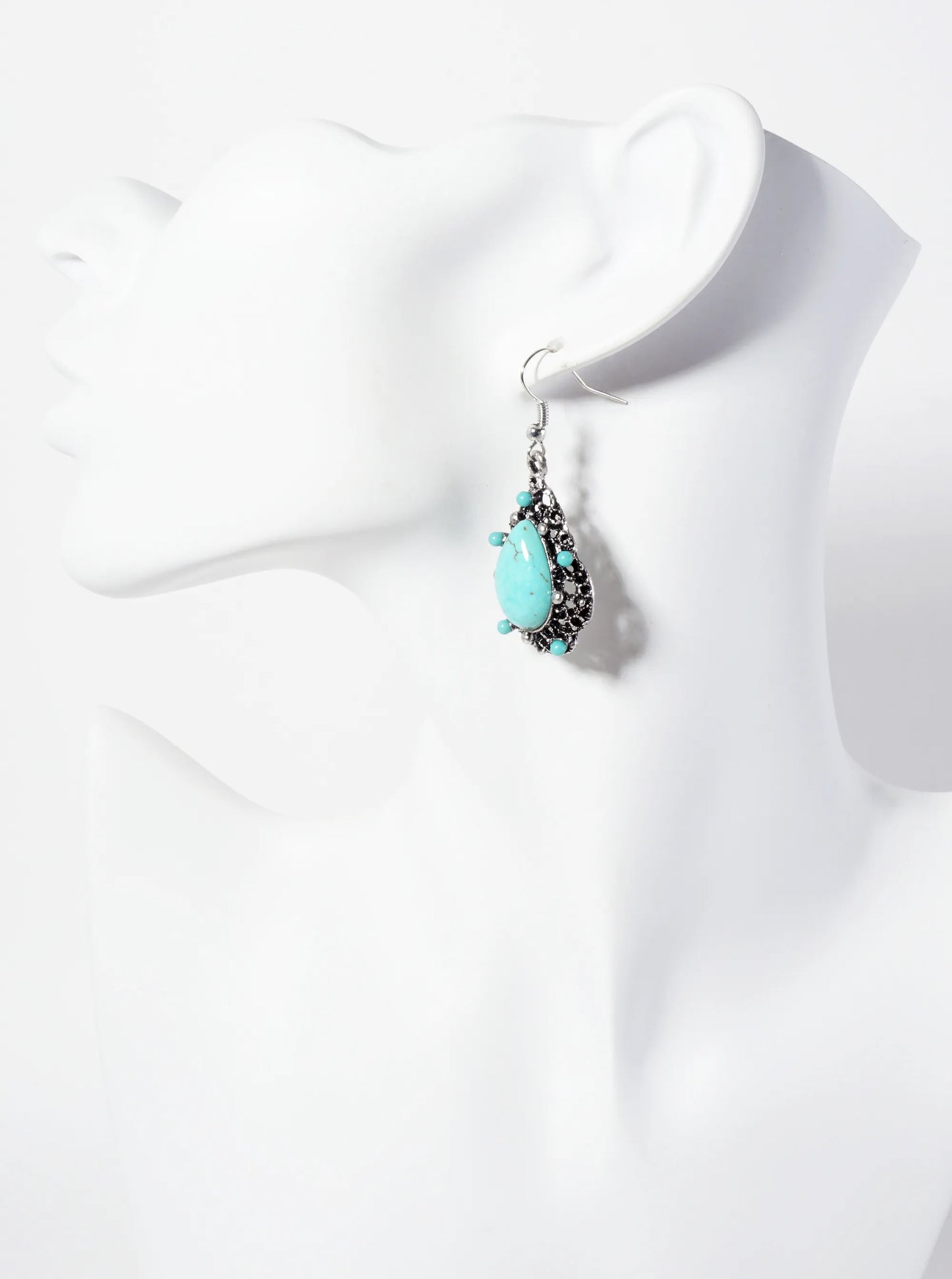 Teardrop-Shaped Turquoise Semi-Precious Natural-Stone Artistic Dangle Earrings