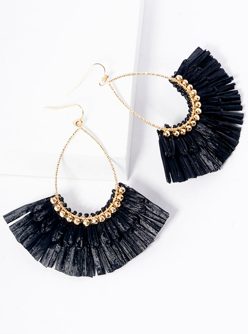 Teardrop Fan Shaped Raffia Dangle Drop Earrings