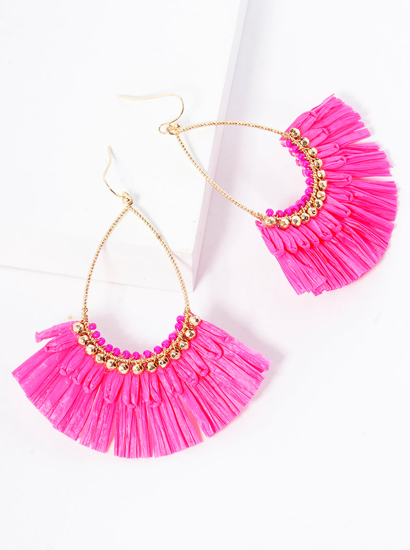 Teardrop Fan Shaped Raffia Dangle Drop Earrings