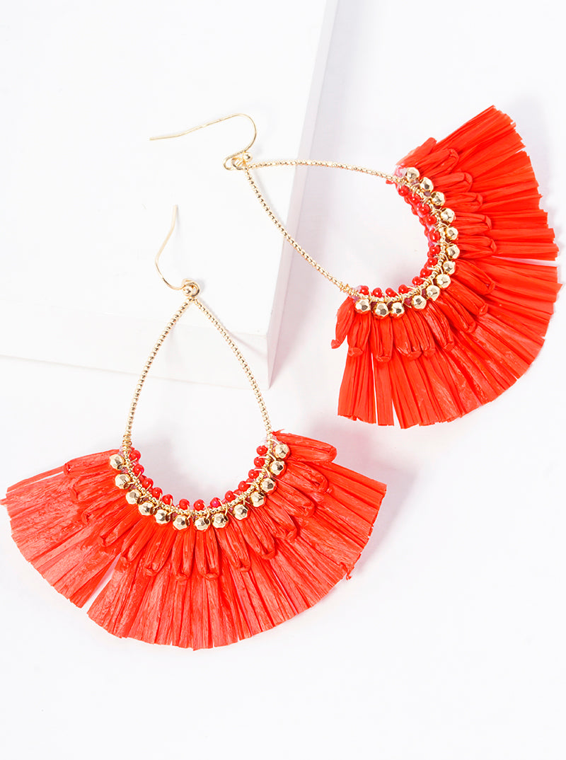 Teardrop Fan Shaped Raffia Dangle Drop Earrings
