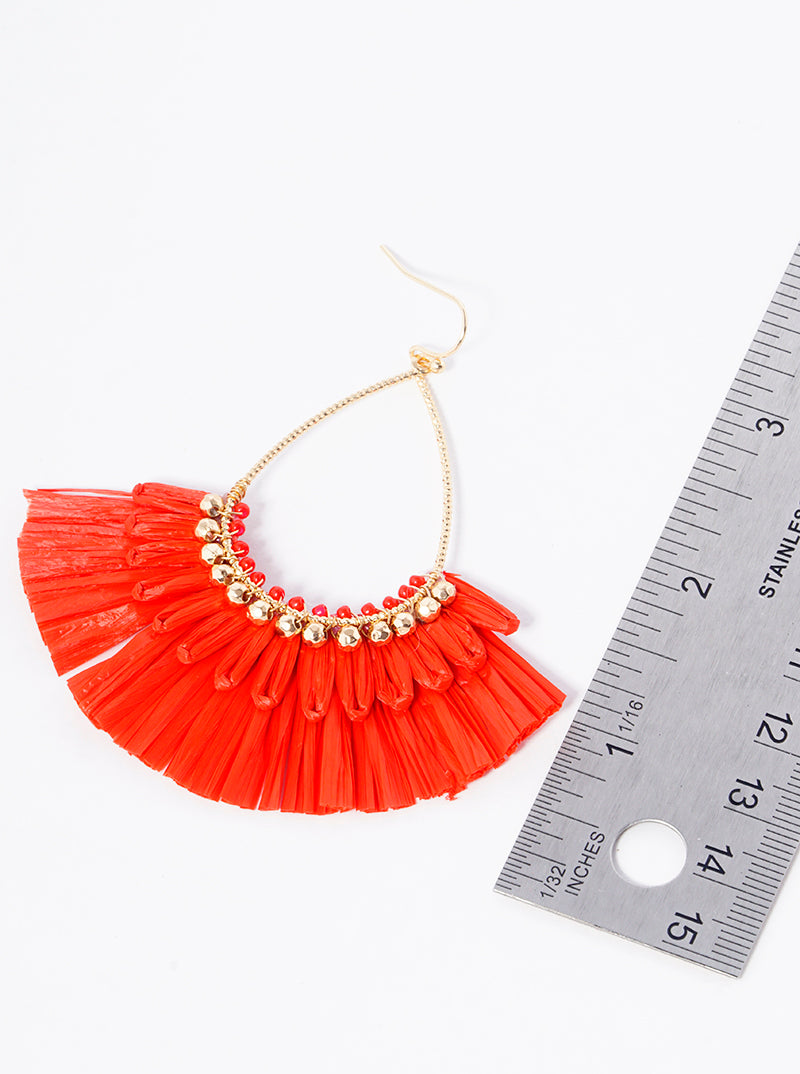 Teardrop Fan Shaped Raffia Dangle Drop Earrings