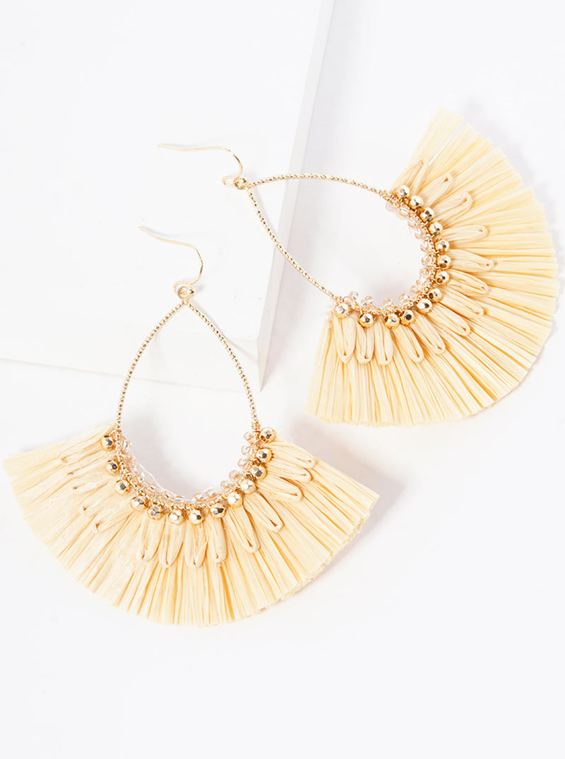 Teardrop Fan Shaped Raffia Dangle Drop Earrings