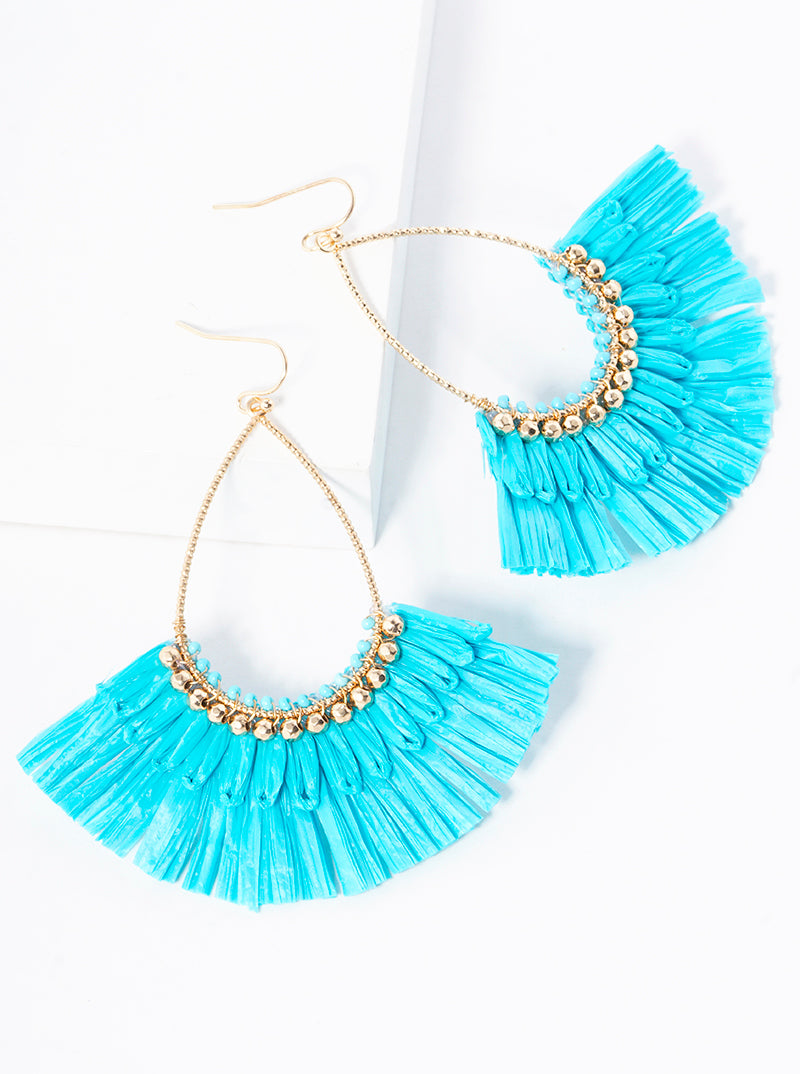 Teardrop Fan Shaped Raffia Dangle Drop Earrings
