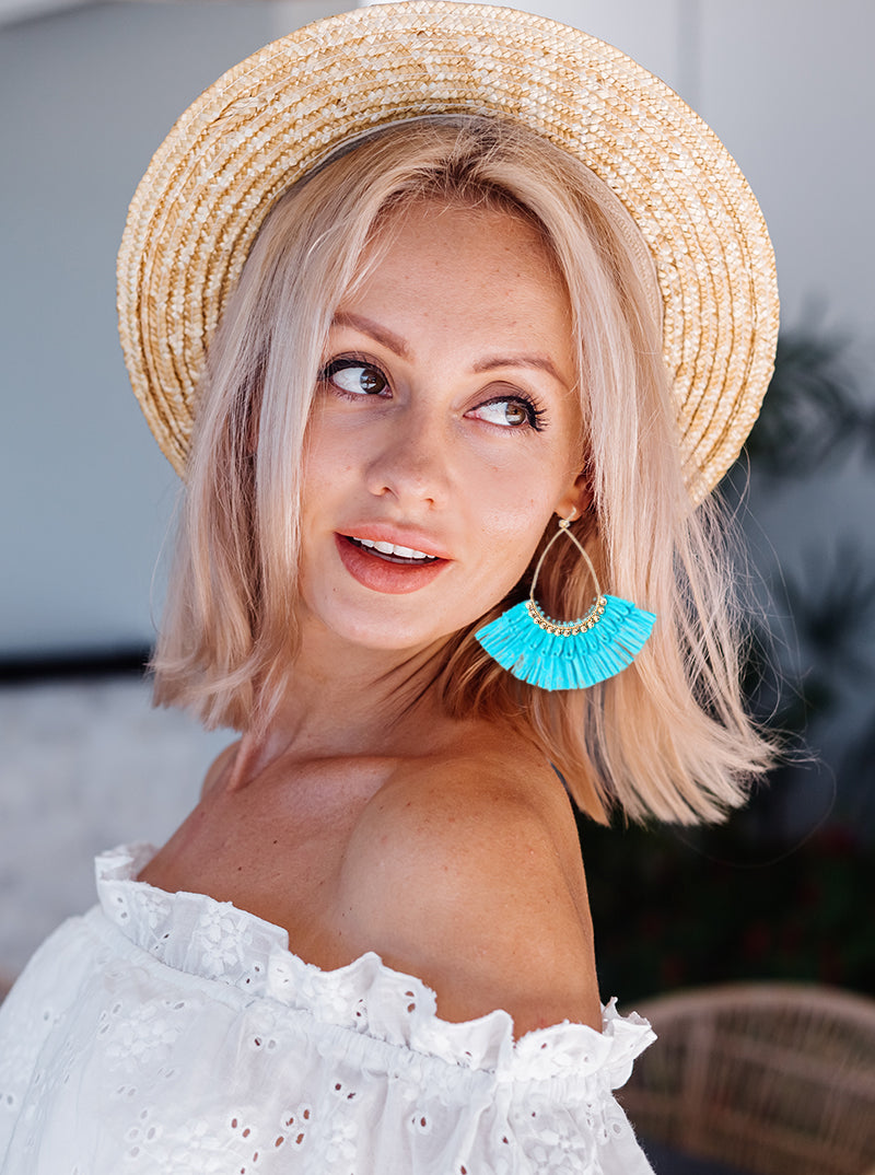 Teardrop Fan Shaped Raffia Dangle Drop Earrings