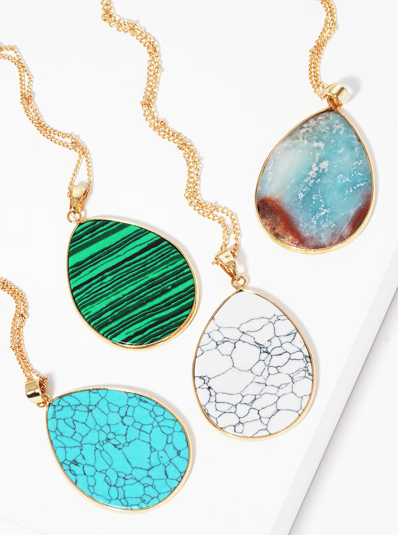 Teardrop Semi-precious Natural Stone Pendant Long Necklace