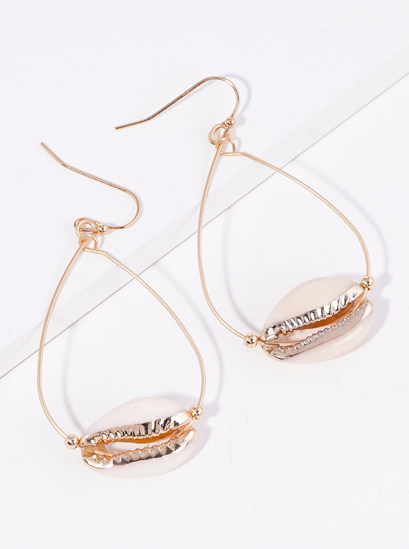 Teardrop Wire With Cowrie Shell Dangle Drop Earrings