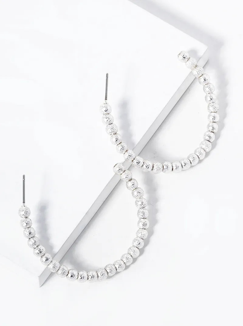 Textured 4mm Metallic Beaded Open Hoop Earrings