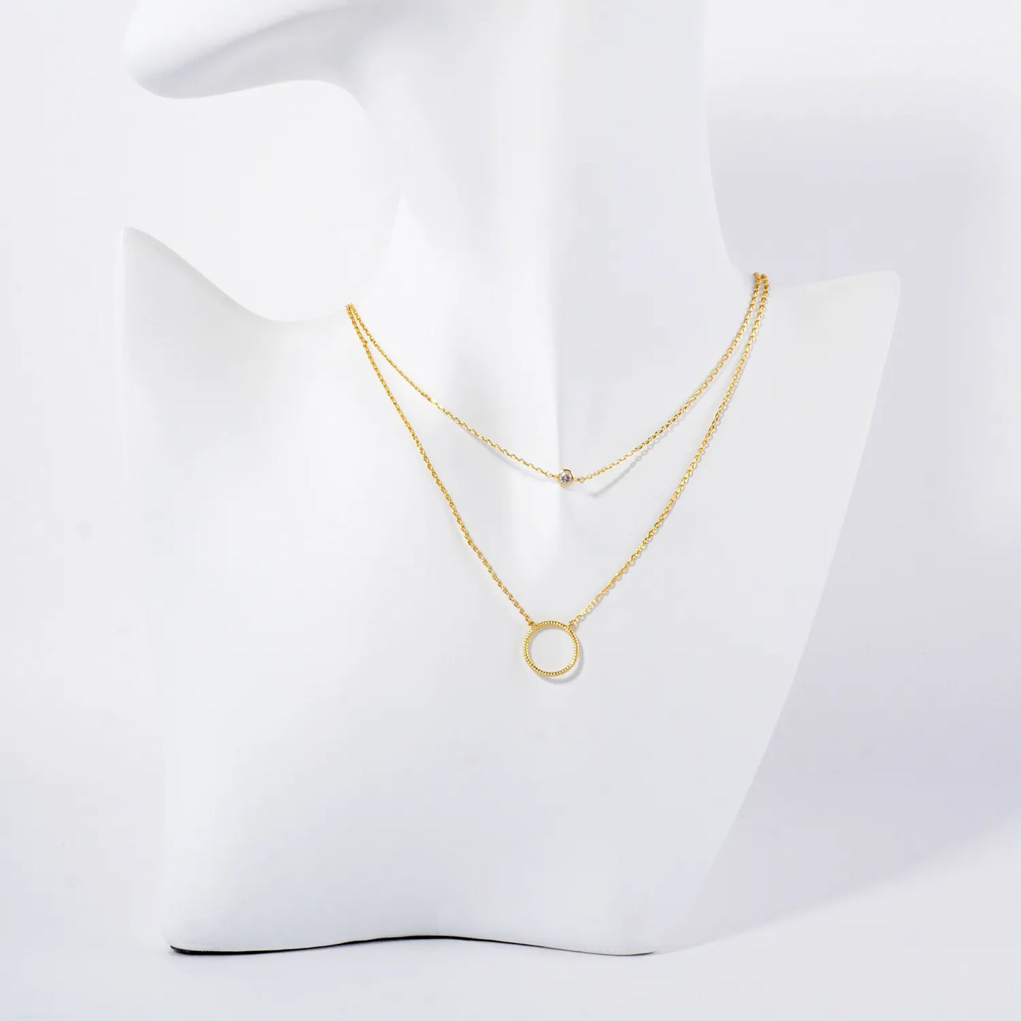 Textured Brass Circle Pendant 18K-Gold-Dipped Layered Necklace