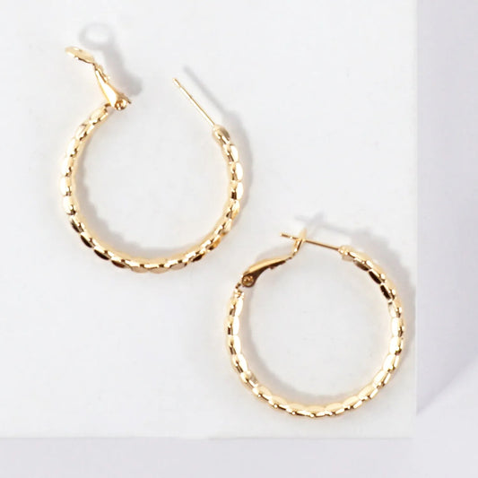 Textured Brass Latch Back 1.25 Inch Hoop Earrings