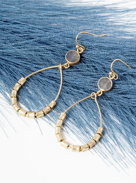 Textured Cylinder Beaded Wire Teardrop Semi-Precious Stone Earrings