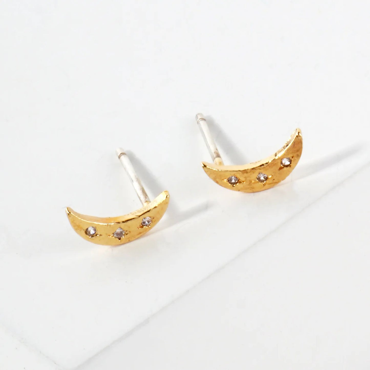 Textured Dainty CZ Crescent Moon 18K-Gold-Dipped Brass Earrings With 925-Sterling-Silver Post