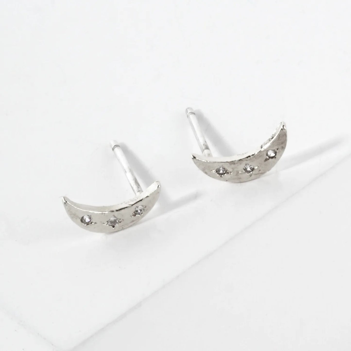 Textured Dainty CZ Crescent Moon 18K-Gold-Dipped Brass Earrings With 925-Sterling-Silver Post