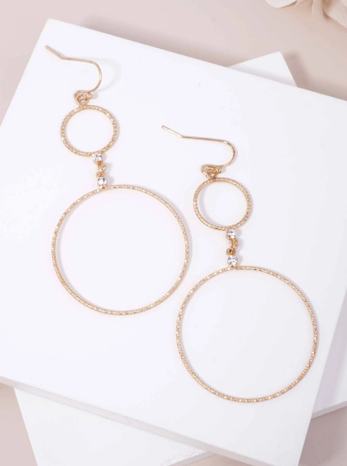 Textured Double Circle Matte Drop Hook Earrings - Worn Gold