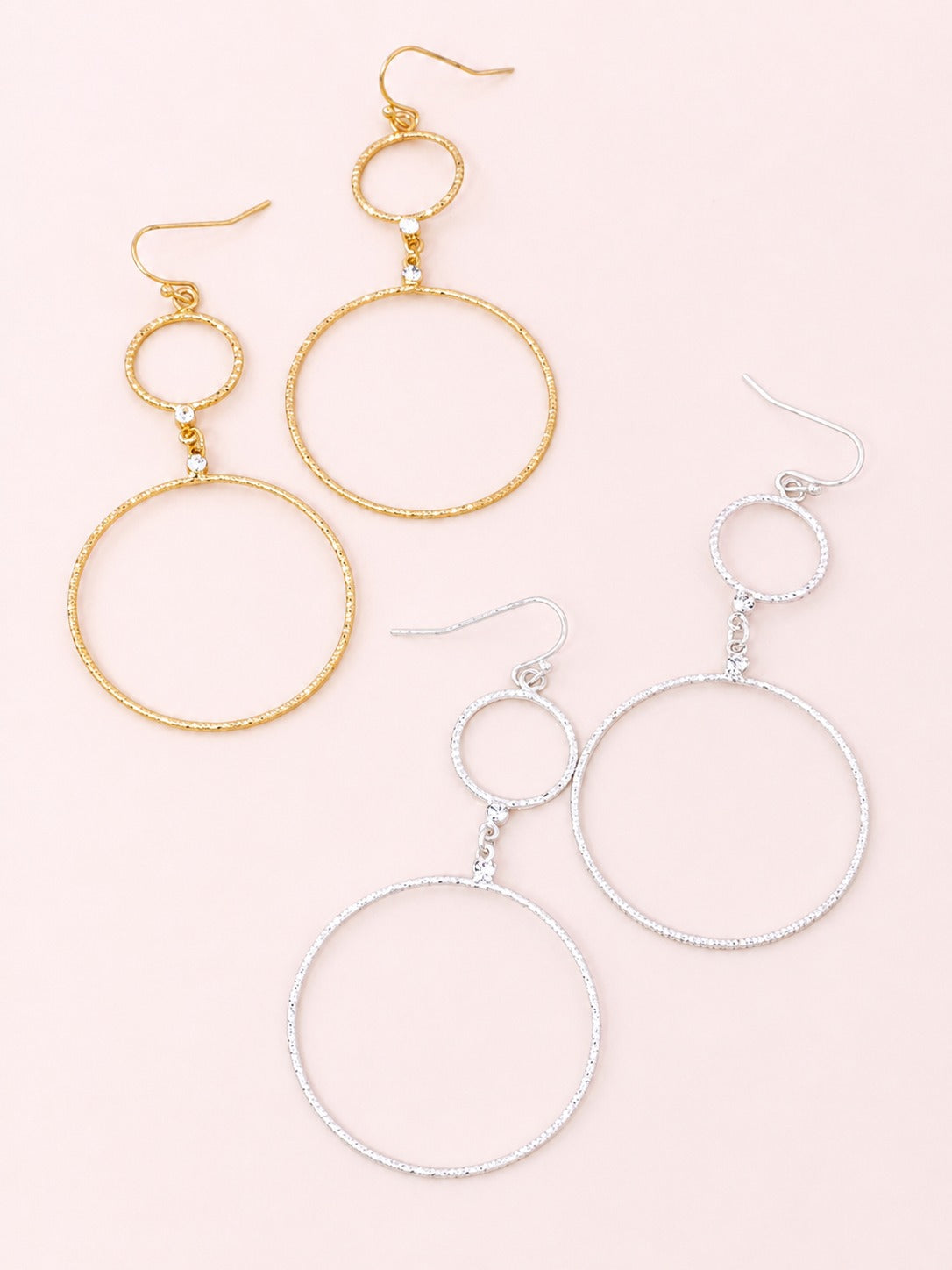 Textured Double Circle Matte Drop Hook Earrings - Worn Gold