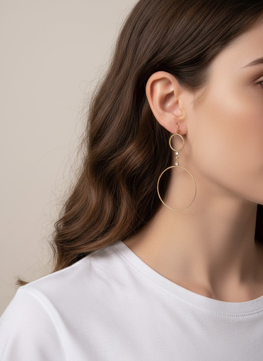 Textured Double Circle Matte Drop Hook Earrings - Worn Gold