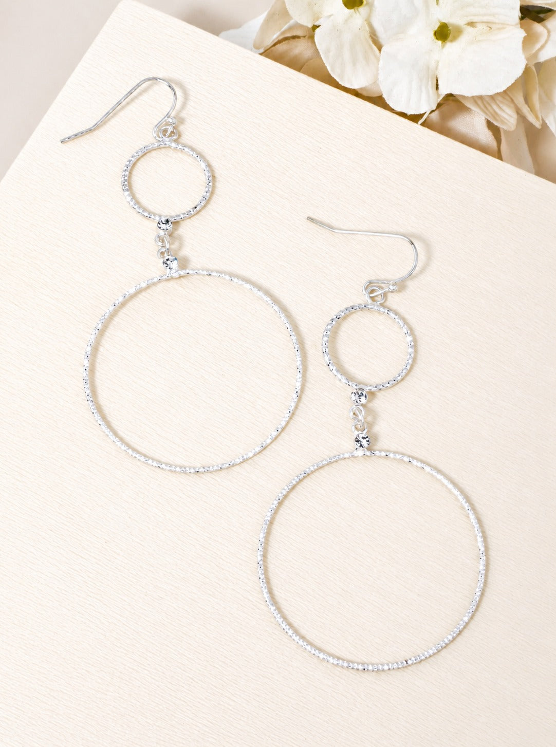 Textured Double Circle Matte Drop Hook Earrings - Worn Silver
