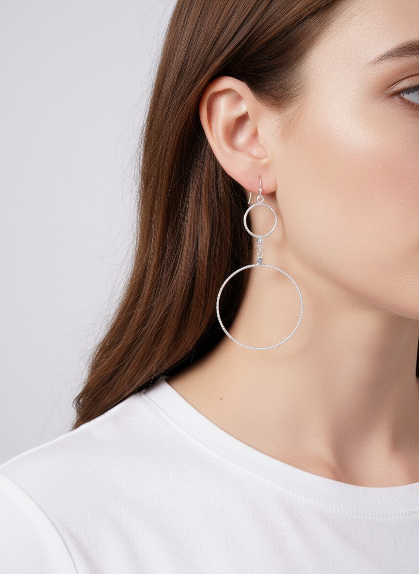 Textured Double Circle Matte Drop Hook Earrings - Worn Silver