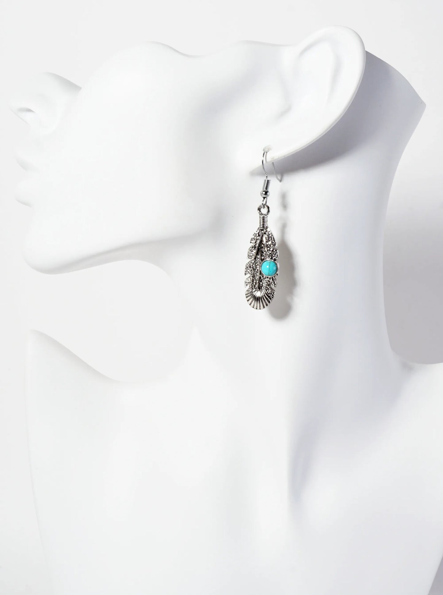 Textured Feather Design Western Dangle Earrings With Turquoise Stones