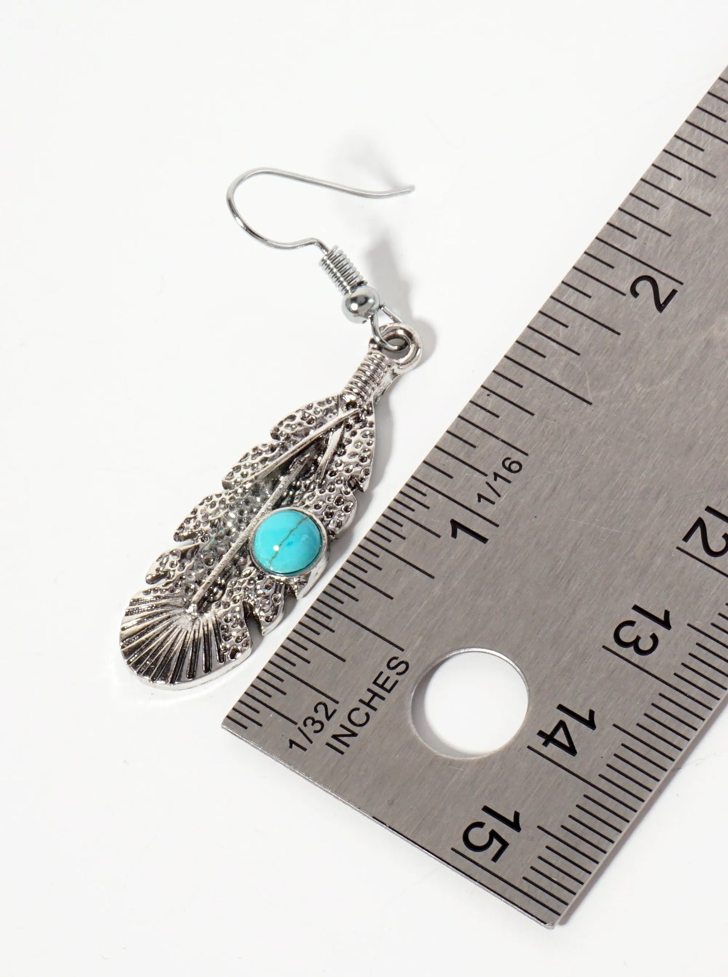 Textured Feather Design Western Dangle Earrings With Turquoise Stones