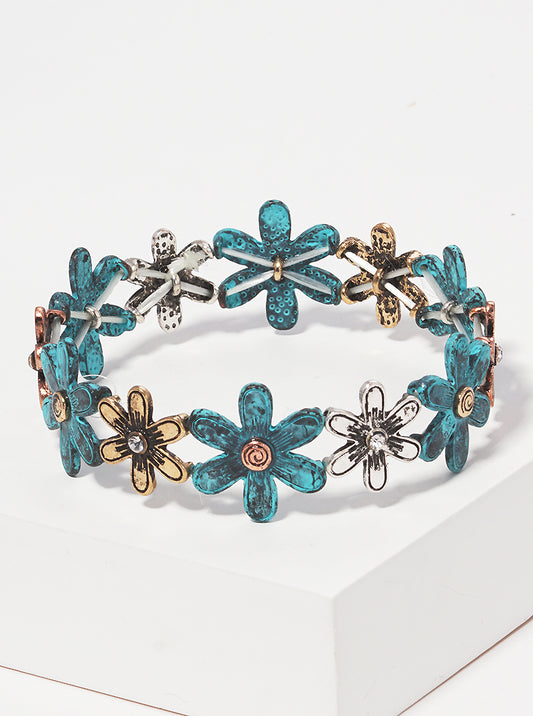 Textured Floral Flower Metal Stretch Bracelet