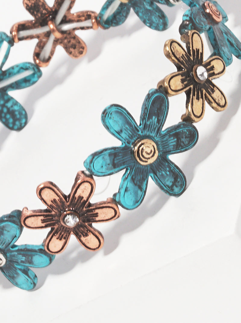 Textured Floral Flower Metal Stretch Bracelet