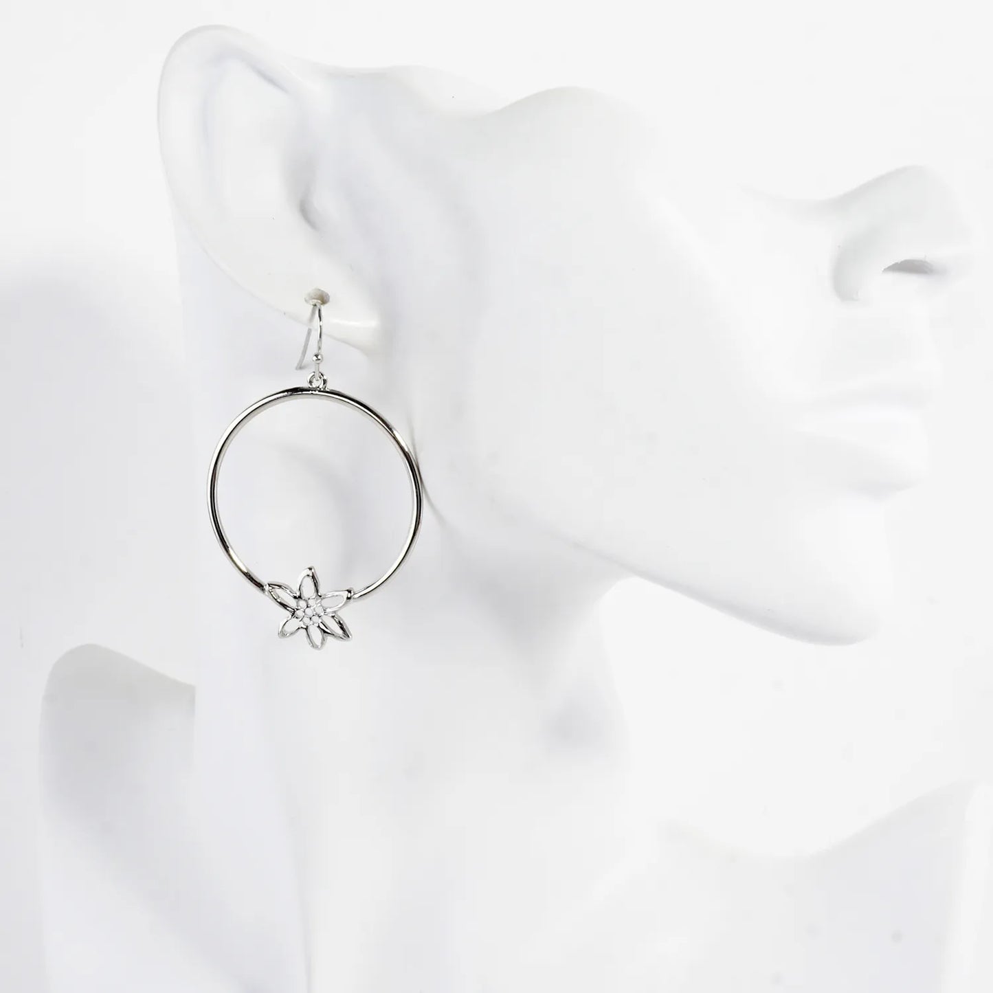 Textured Flower Accent Circle Drop Earrings