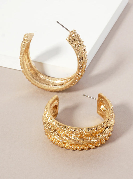 Textured Metal 15mm Wide 40mm Open Hoop Earrings With-Titanium-Post