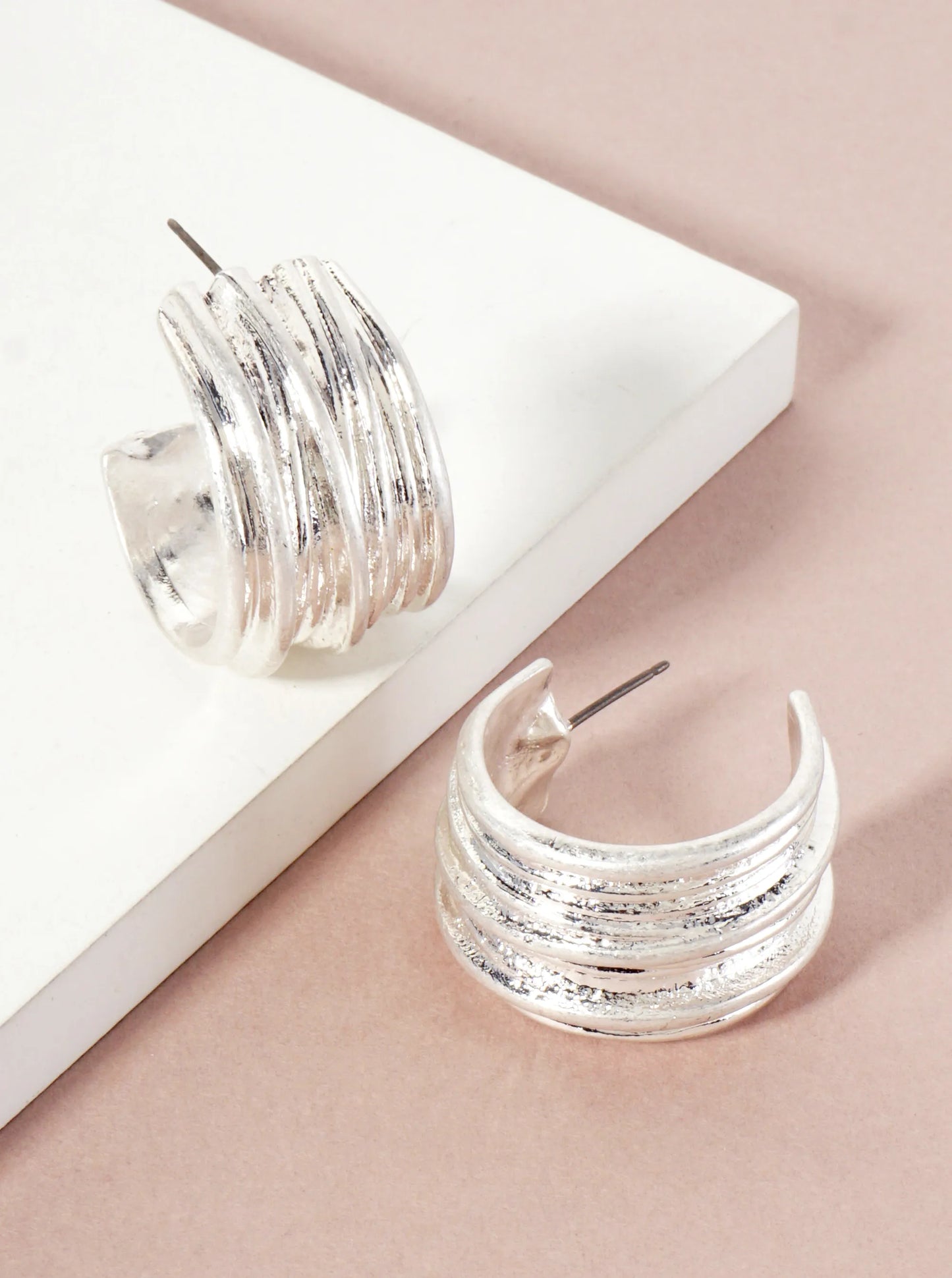 Textured Metal 16mm Wide 25mm Open Hoop Earrings With-Titanium-Post