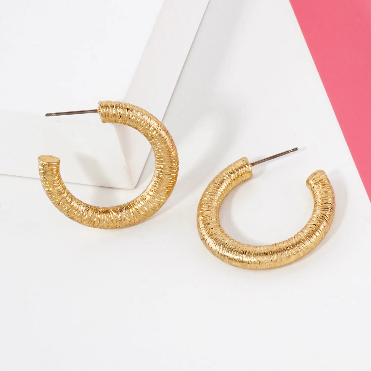 Textured Metal 30mm Push-Back Hoop Earrings With-Titanium-Post