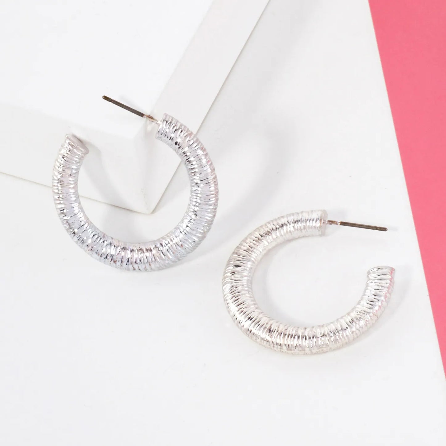 Textured Metal 30mm Push-Back Hoop Earrings With-Titanium-Post