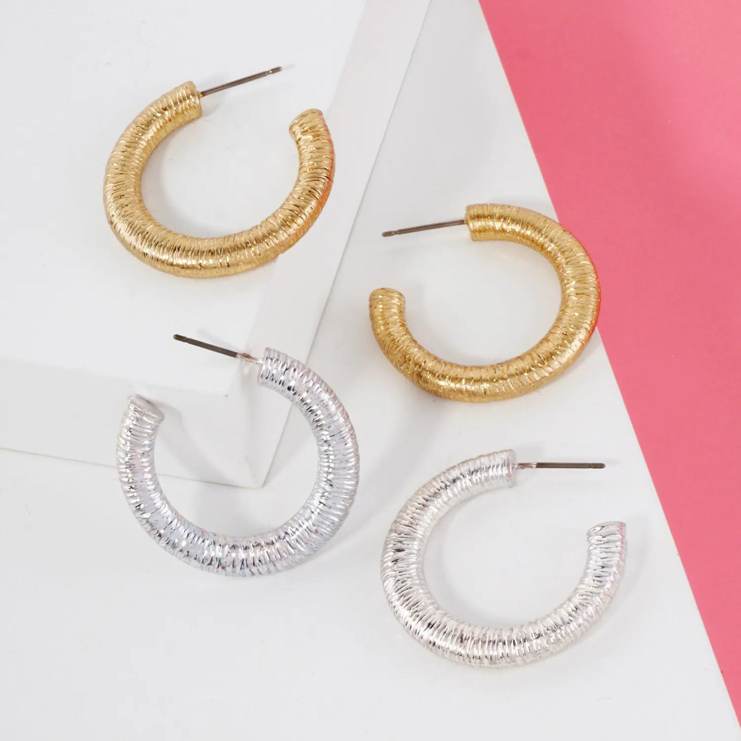 Textured Metal 30mm Push-Back Hoop Earrings With-Titanium-Post