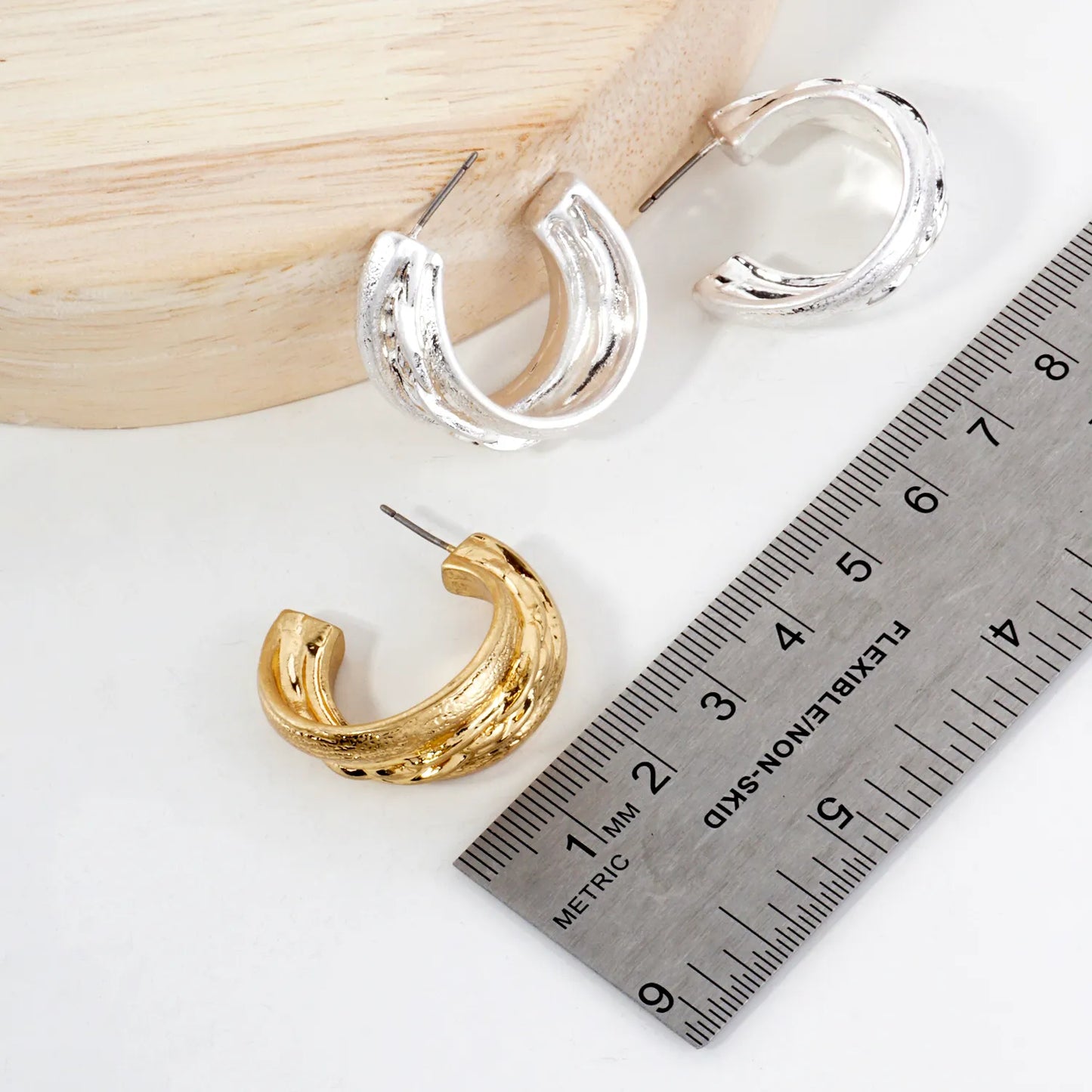 Textured Metal 30mm Push-Back Hoop Earrings With-Titanium-Post